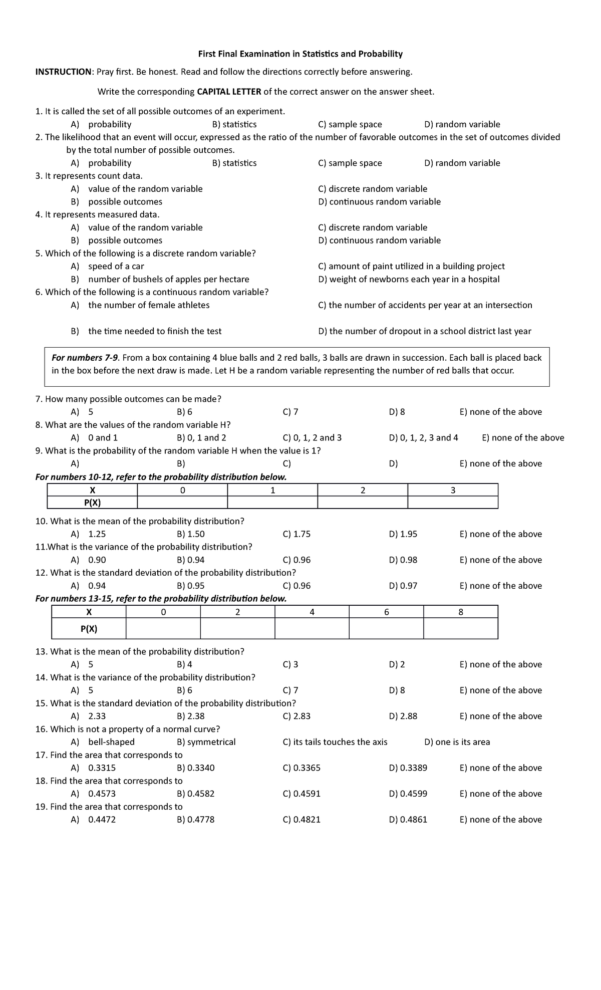 1st prelim for statistics and probability for Grade 11 - First Final ...