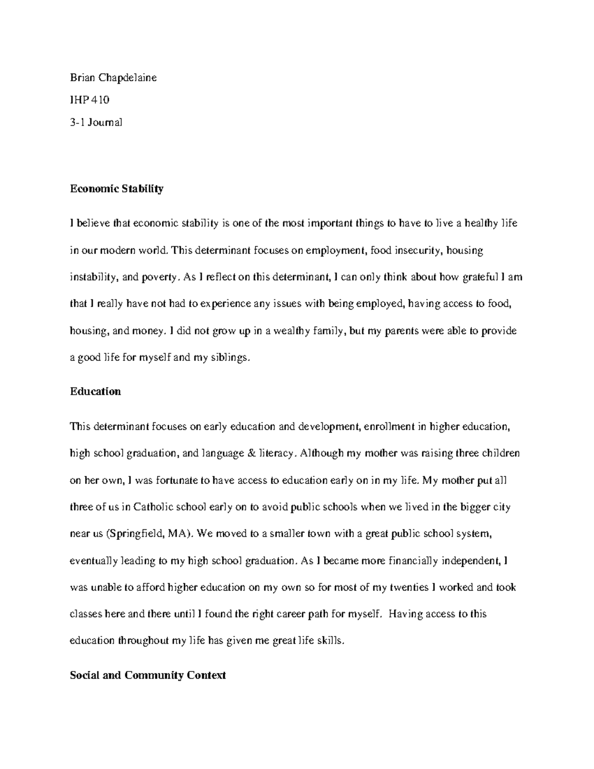 31 Journal Chapdelaine Brian Chapdelaine IHP 410 31 Journal