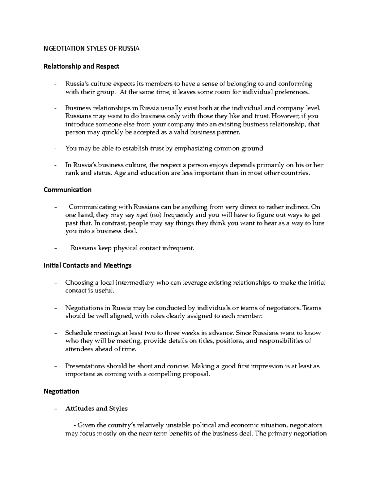 Negotiation Styles of Russia - NGEOTIATION STYLES OF RUSSIA ...