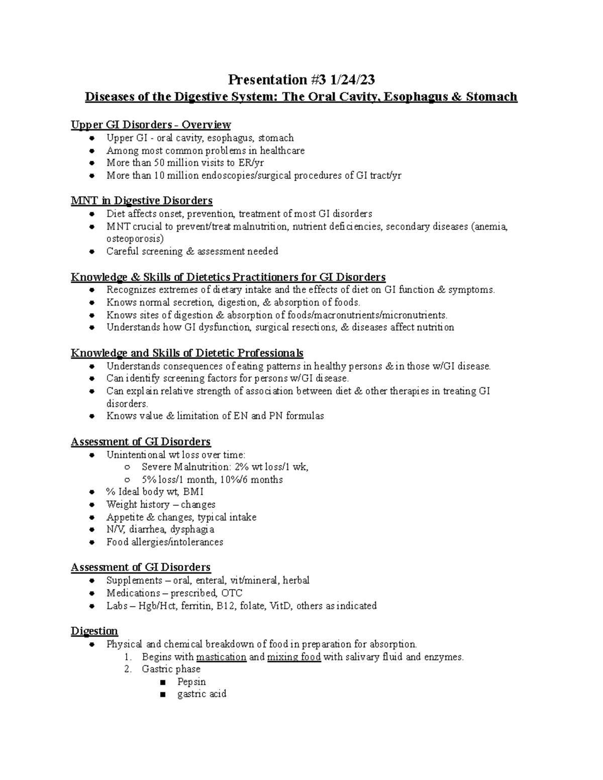 FSN 420 Notes II Presentation 3 1/24/ Diseases of the Digestive
