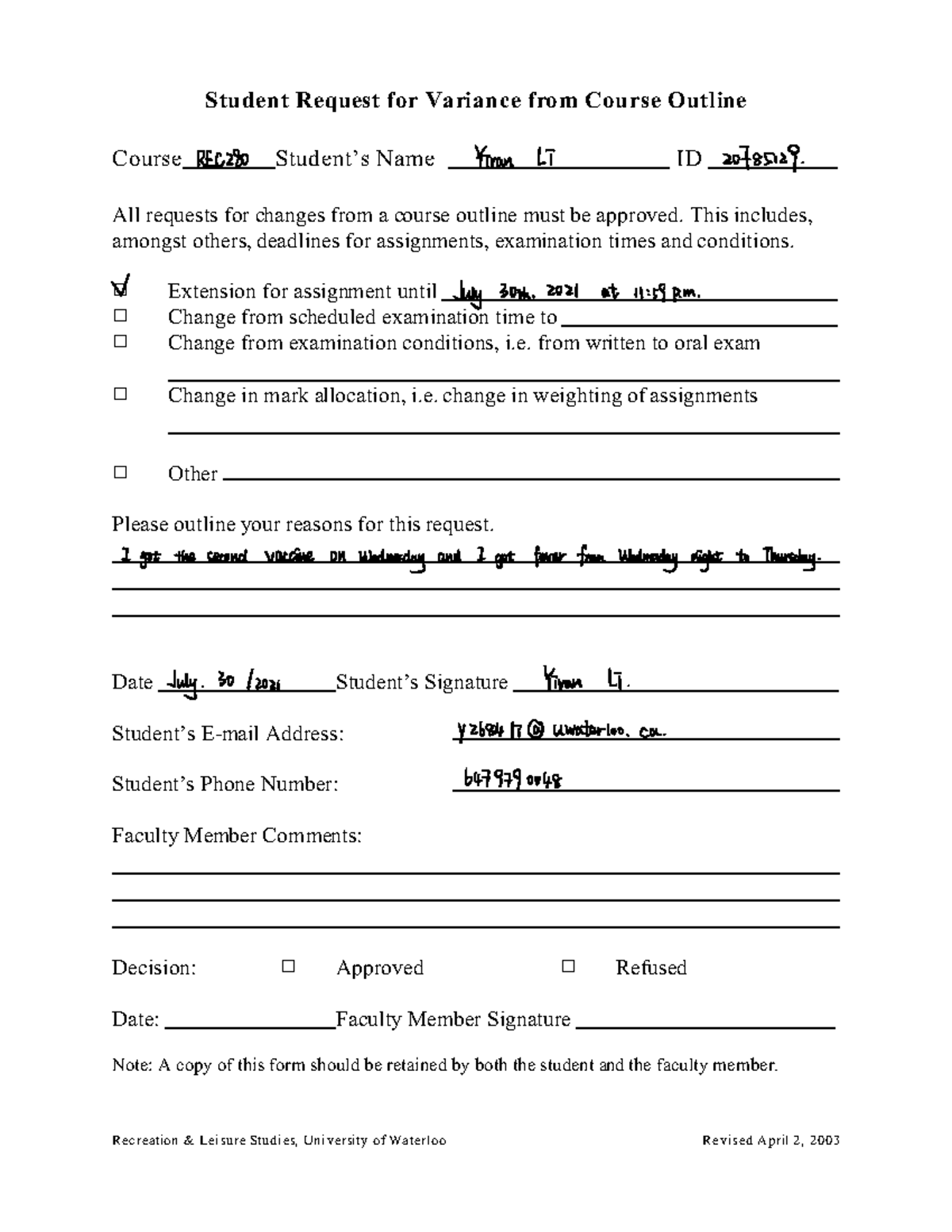 Course variance - Recreation & Leisure Studies, University of Waterloo ...