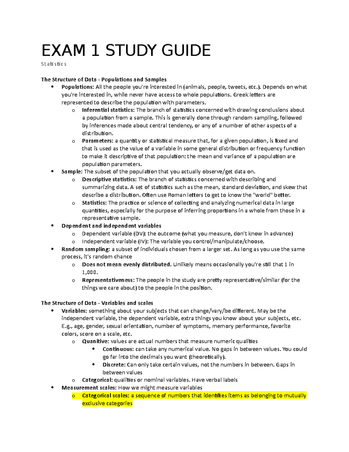 Statistics Exam 1 Study Guide - EXAM 1 STUDY GUIDE Statistics The ...