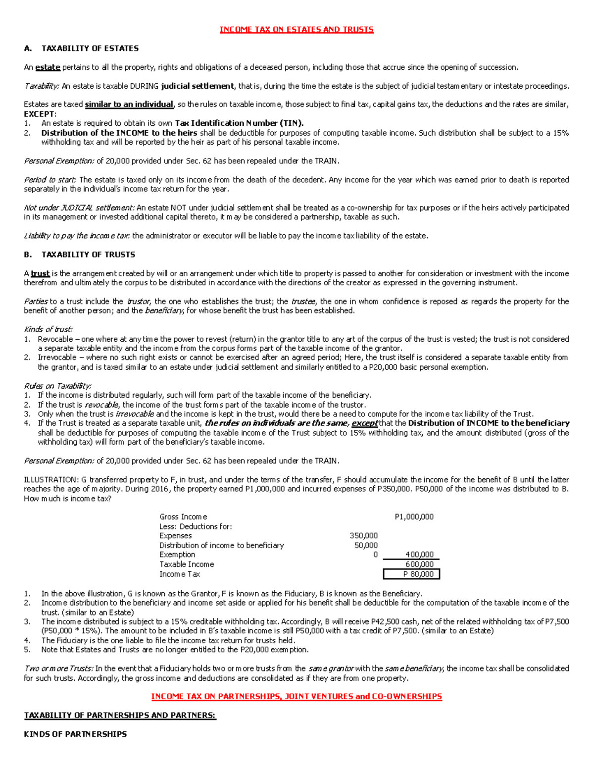 TAX ON ESTATES TRUSTS PARTNERSHIPS JOINT VENTURE AND CO OWNERSHIP TAX ON ESTATES