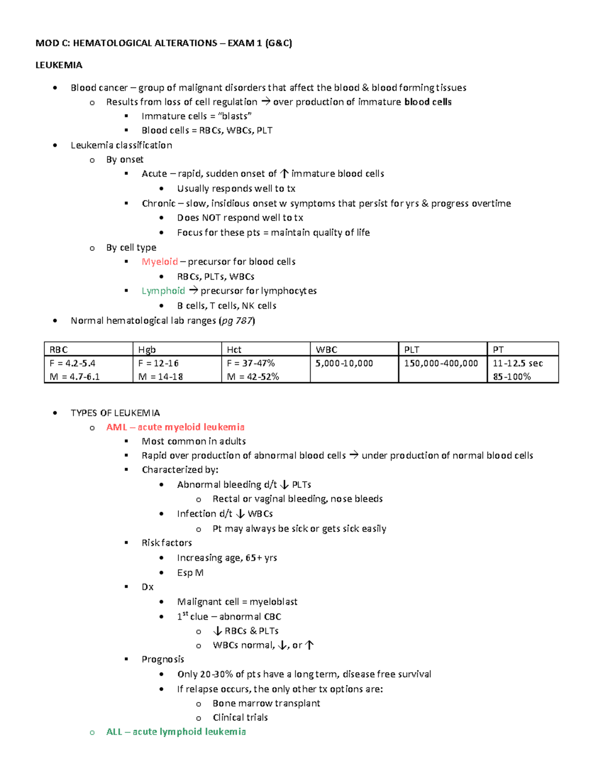 202 Exam 1 Mod C - my notes - MOD C: HEMATOLOGICAL ALTERATIONS – EXAM 1 ...