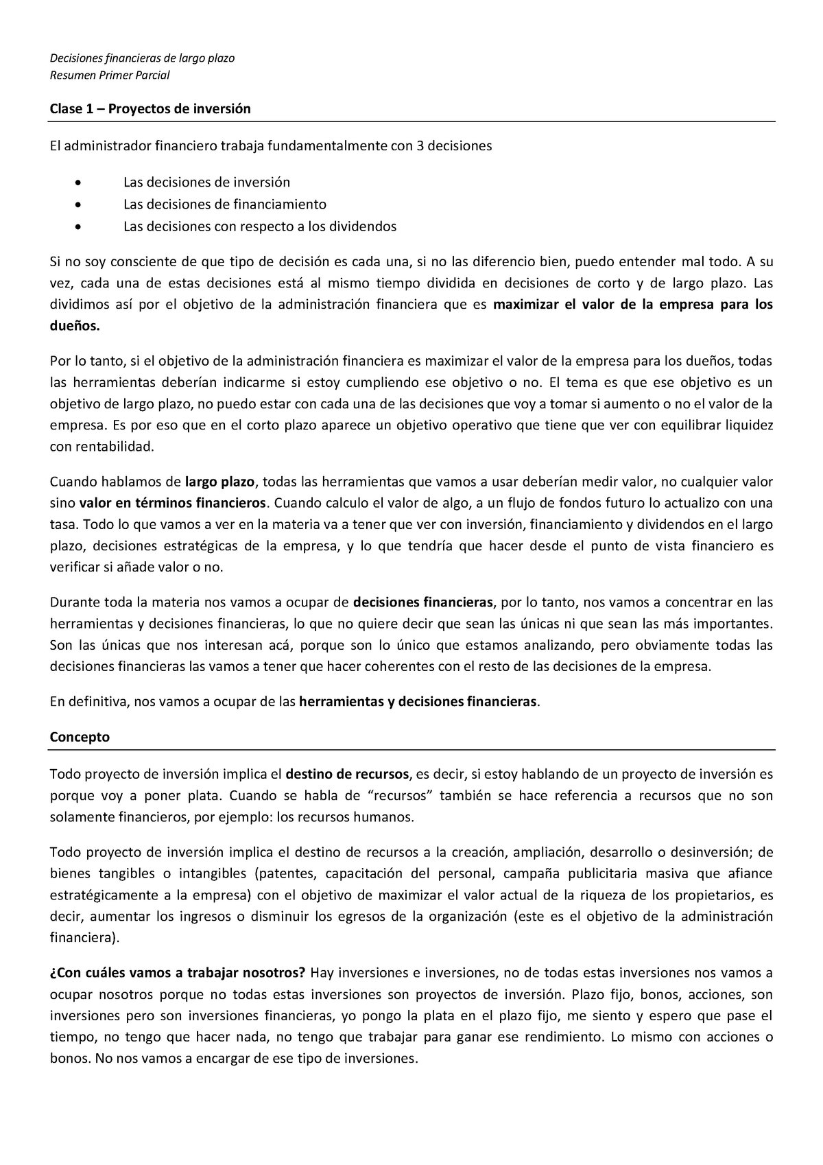 RESUMEN PRIMER PARCIAL - Decisiones Financieras De Largo Plazo Resumen ...