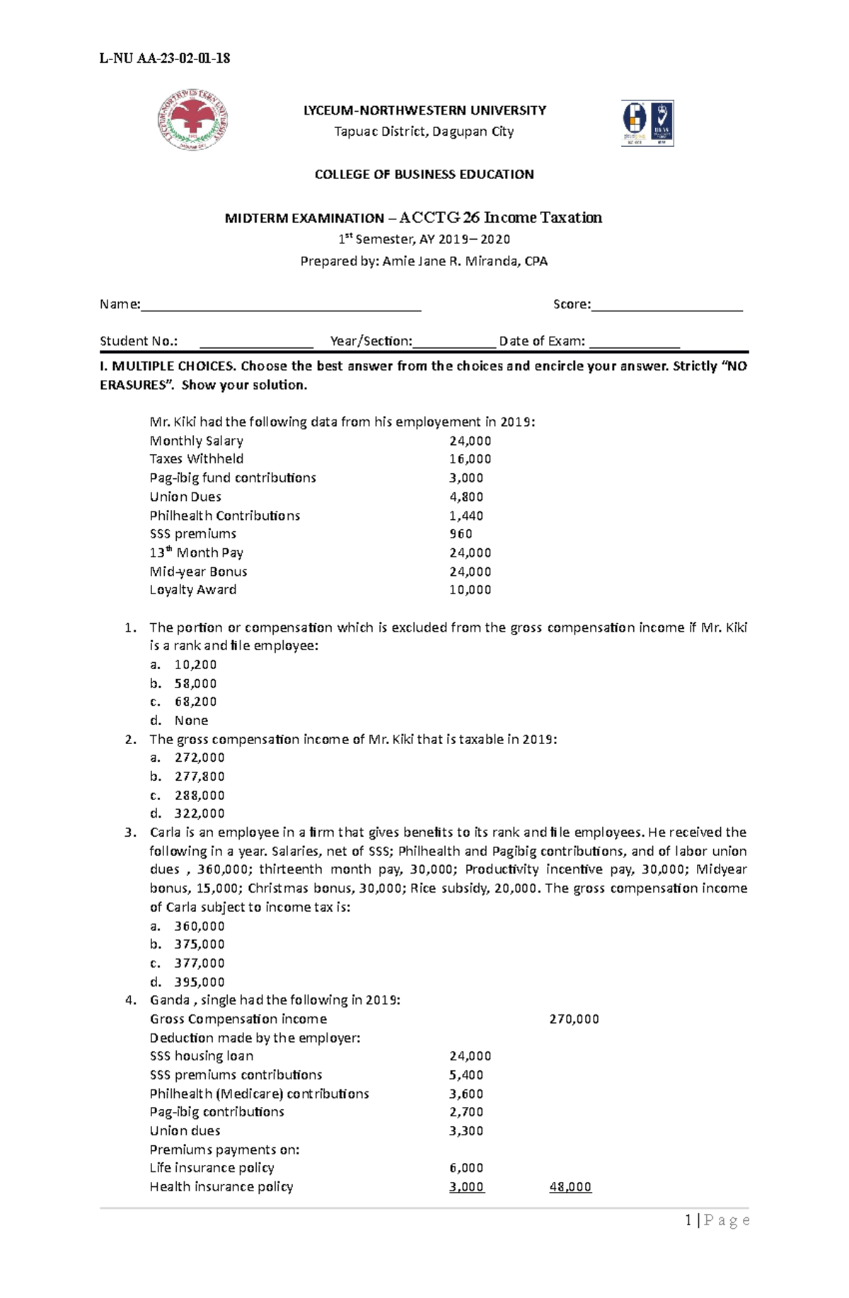 Midterm-income tax - sadsadsdsd - L-NU AA-23-02-01- LYCEUM-NORTHWESTERN ...