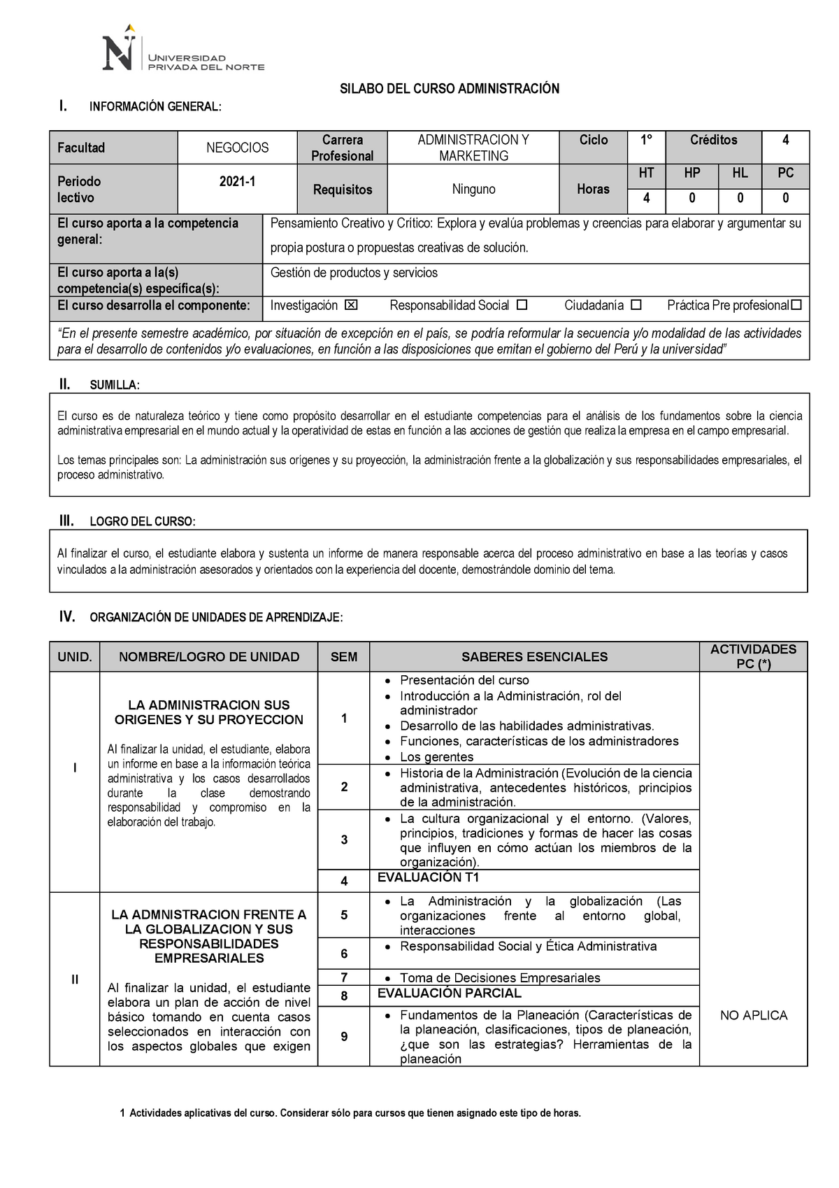 Silabo - Lecture Notes 1 - 1 Actividades Aplicativas Del Curso ...