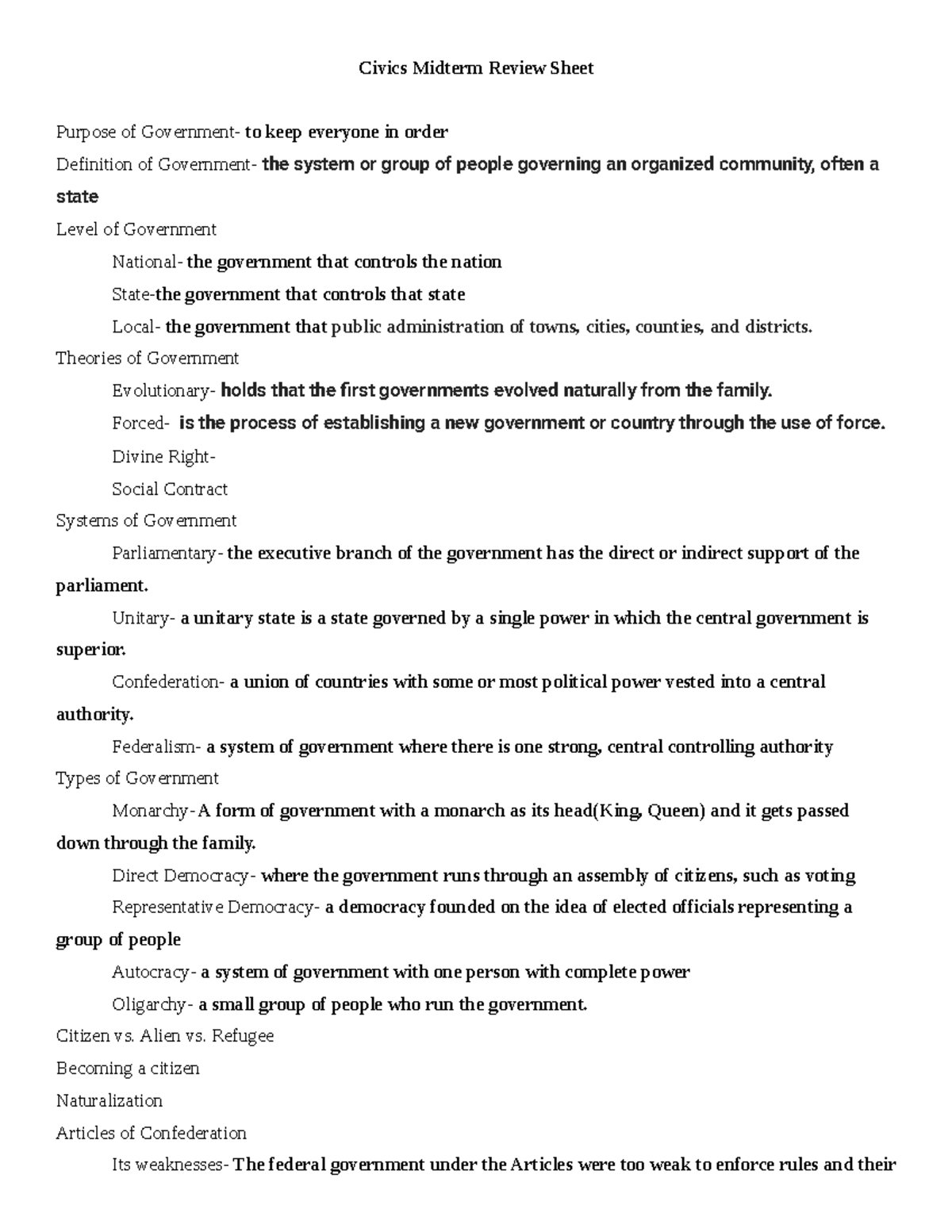 Copy of American Government Review Sheet - Civics Midterm Review Sheet ...