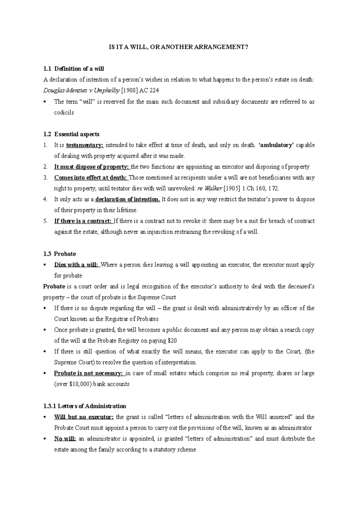 Succession Notes - IS IT A WILL, OR ANOTHER ARRANGEMENT? 1 Definition ...