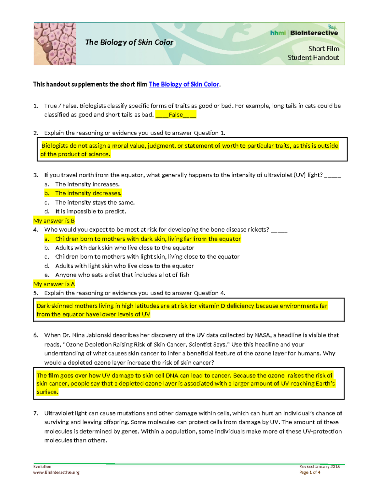 Handout for HHMI Skin Color (2) Short Film Student Handout The