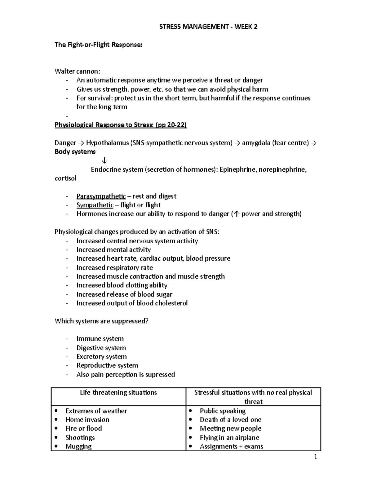 2019 0913 week2 stress notes - STRESS MANAGEMENT - WEEK 2 The Fight-or ...