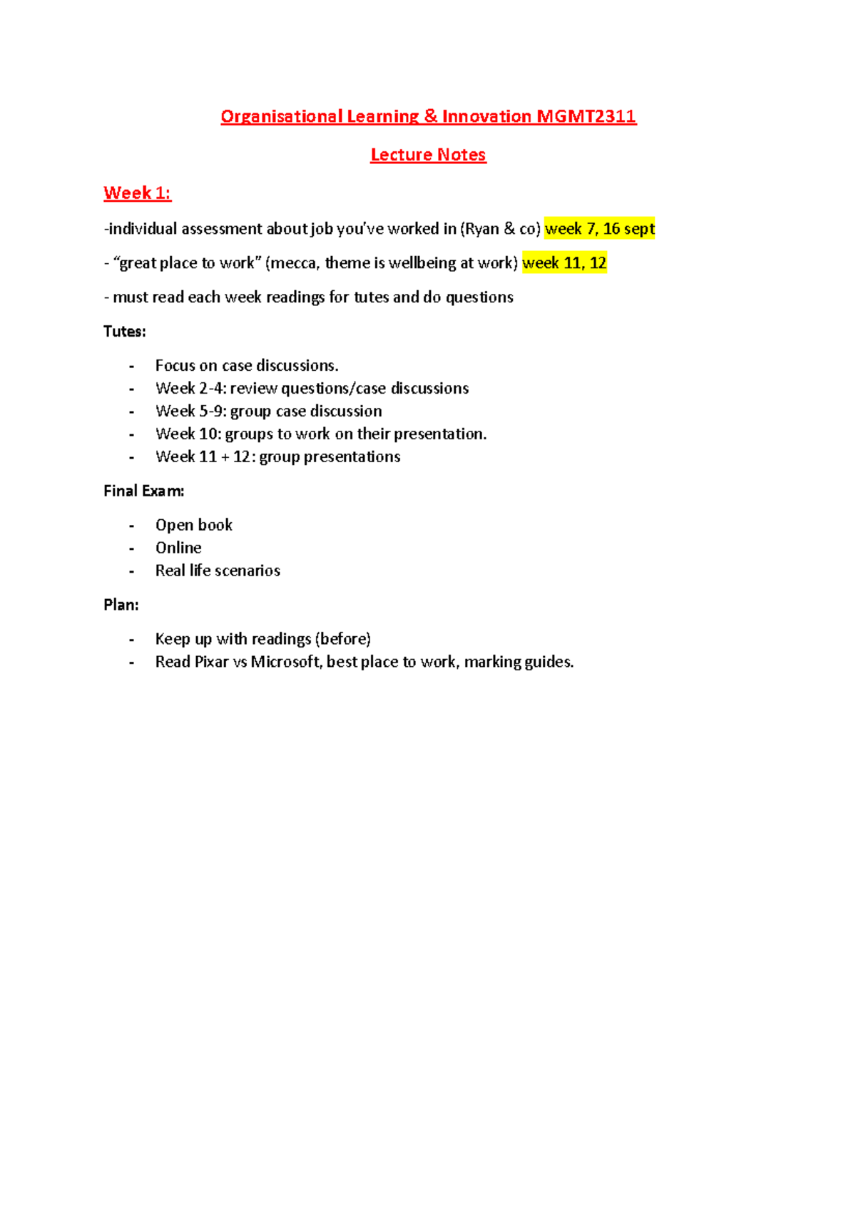 Lecture Notes OB - Organisational Learning & Innovation MGMT Lecture ...