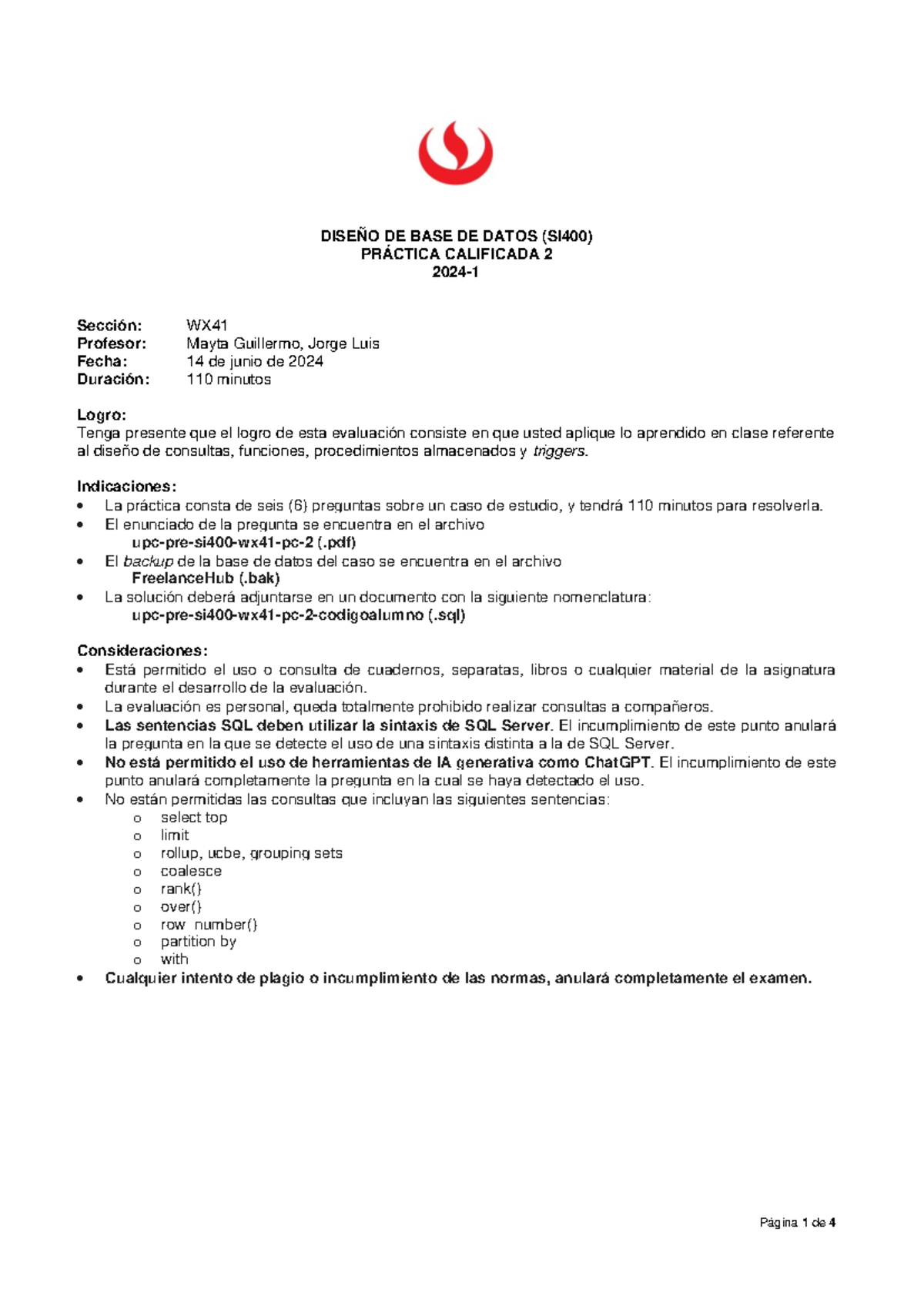 Upc Pre Si400 Wx41 Pc 2 Pc2 DiseÑo De Base De Datos Si 400 PrÁctica Calificada 2 2024 1 3506