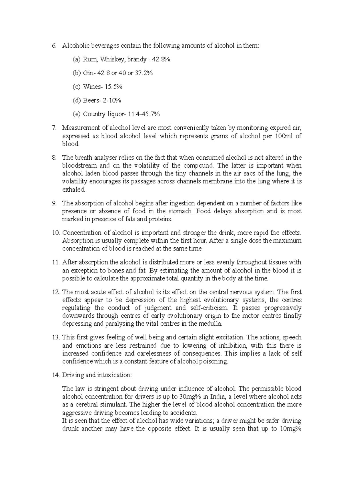 Jurisprudence one Alcoholic beverages contain the following amounts