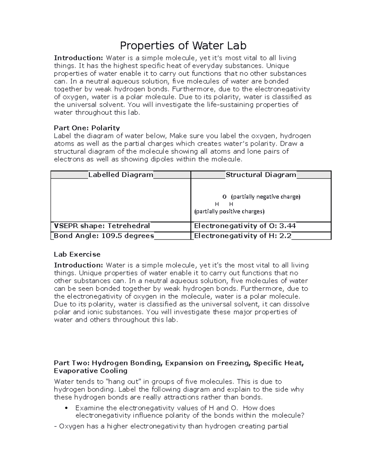 11 HL BIO 2.2 Properties of Water Lab1 Properties of Water Lab