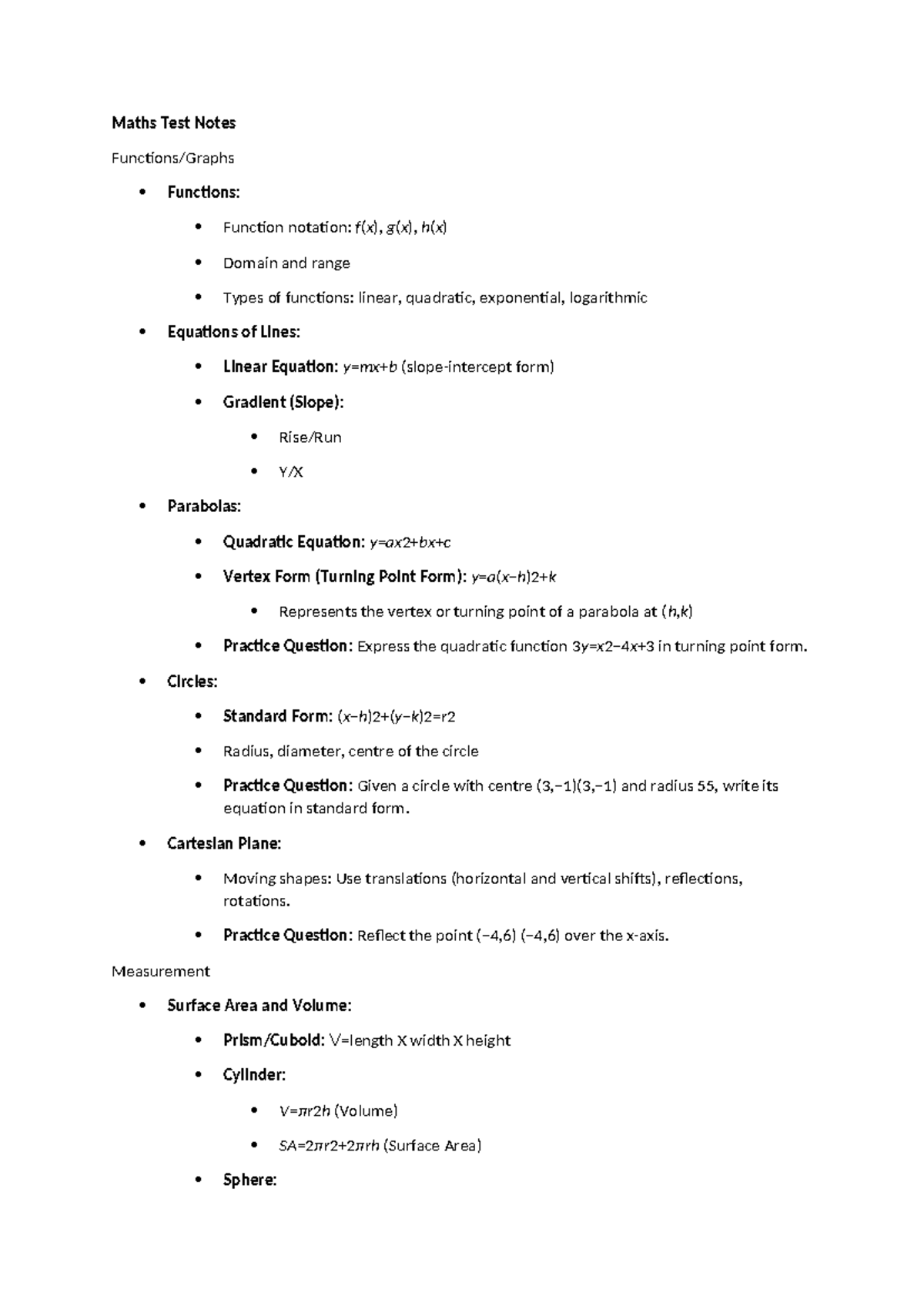 Maths Test Notes T4 - Not very detailed - Maths Test Notes Functions ...