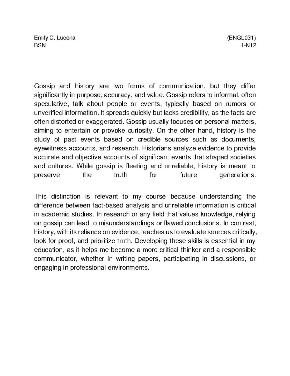 Lucena Emily BSN Level 1N12 Emily C. Lucena (ENGL031) BSN 1 N