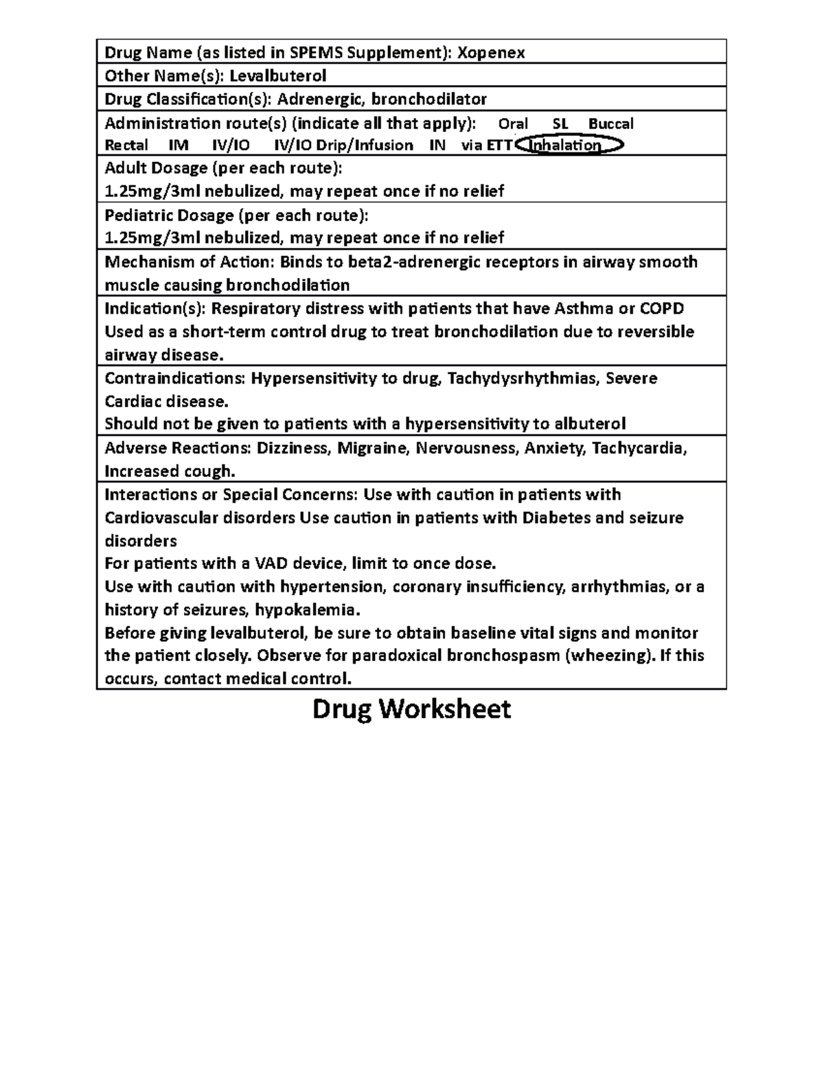 Xopenex drug profile Drug Name (as listed in SPEMS Supplement