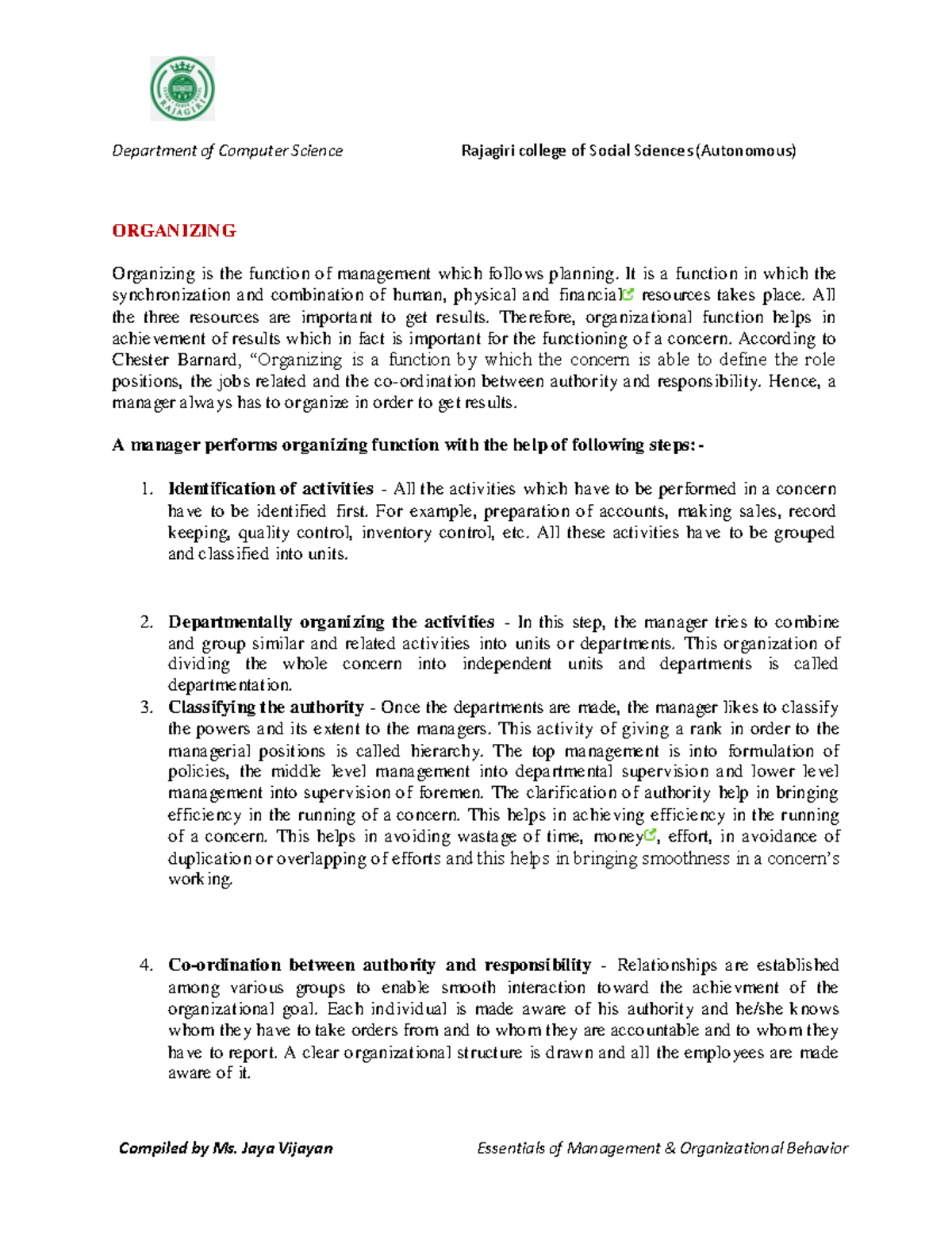 Functions Of Management ORGANIZING Organizing Is The Function Of