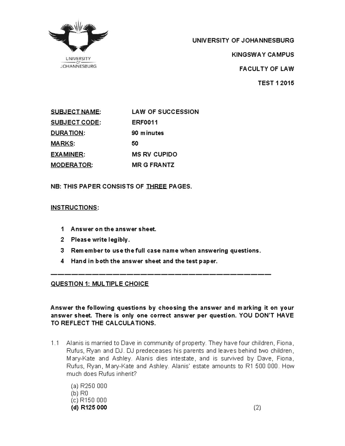 Succession test 1 memorandum - UNIVERSITY OF JOHANNESBURG KINGSWAY ...