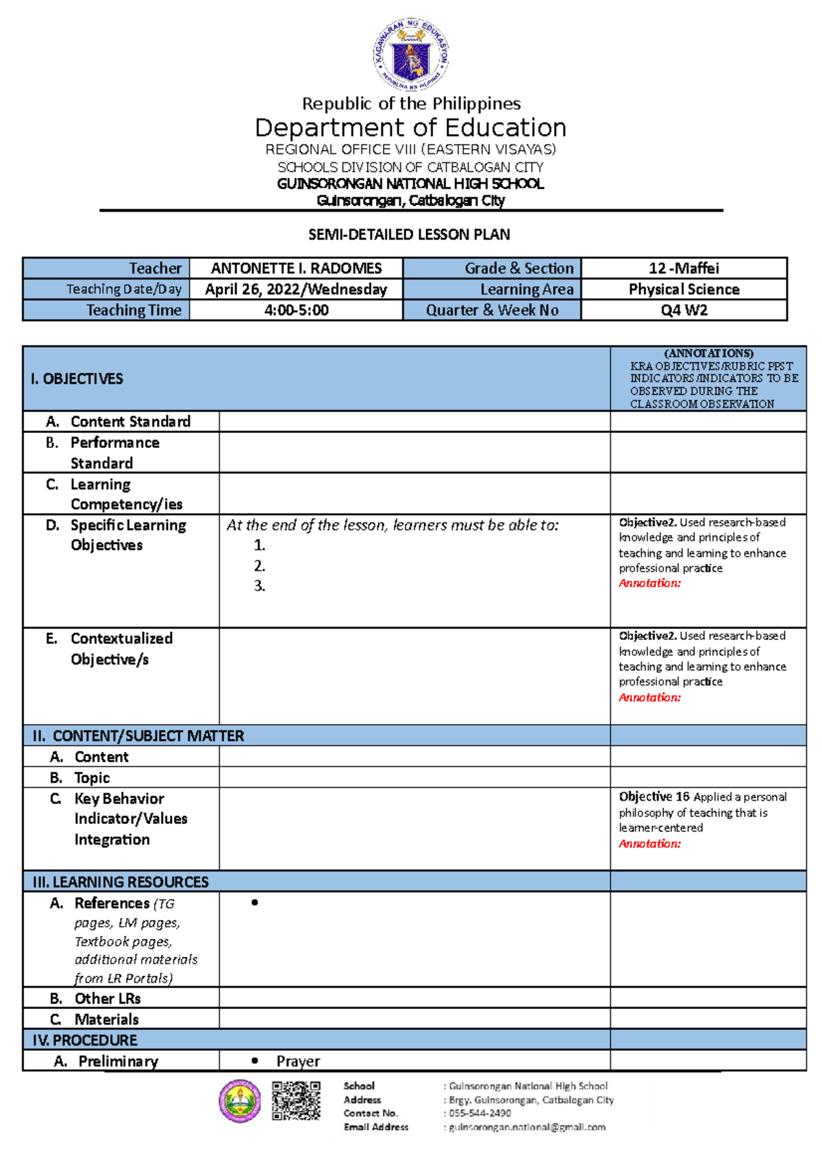 Sample Lesson Plan With Annotation