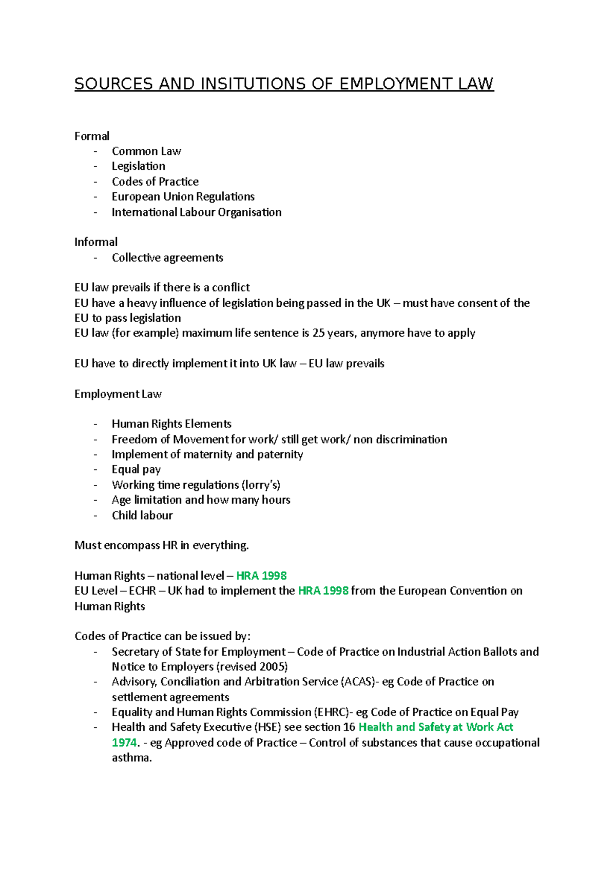S1 Employment Law - SOURCES AND INSITUTIONS OF EMPLOYMENT LAW Formal ...