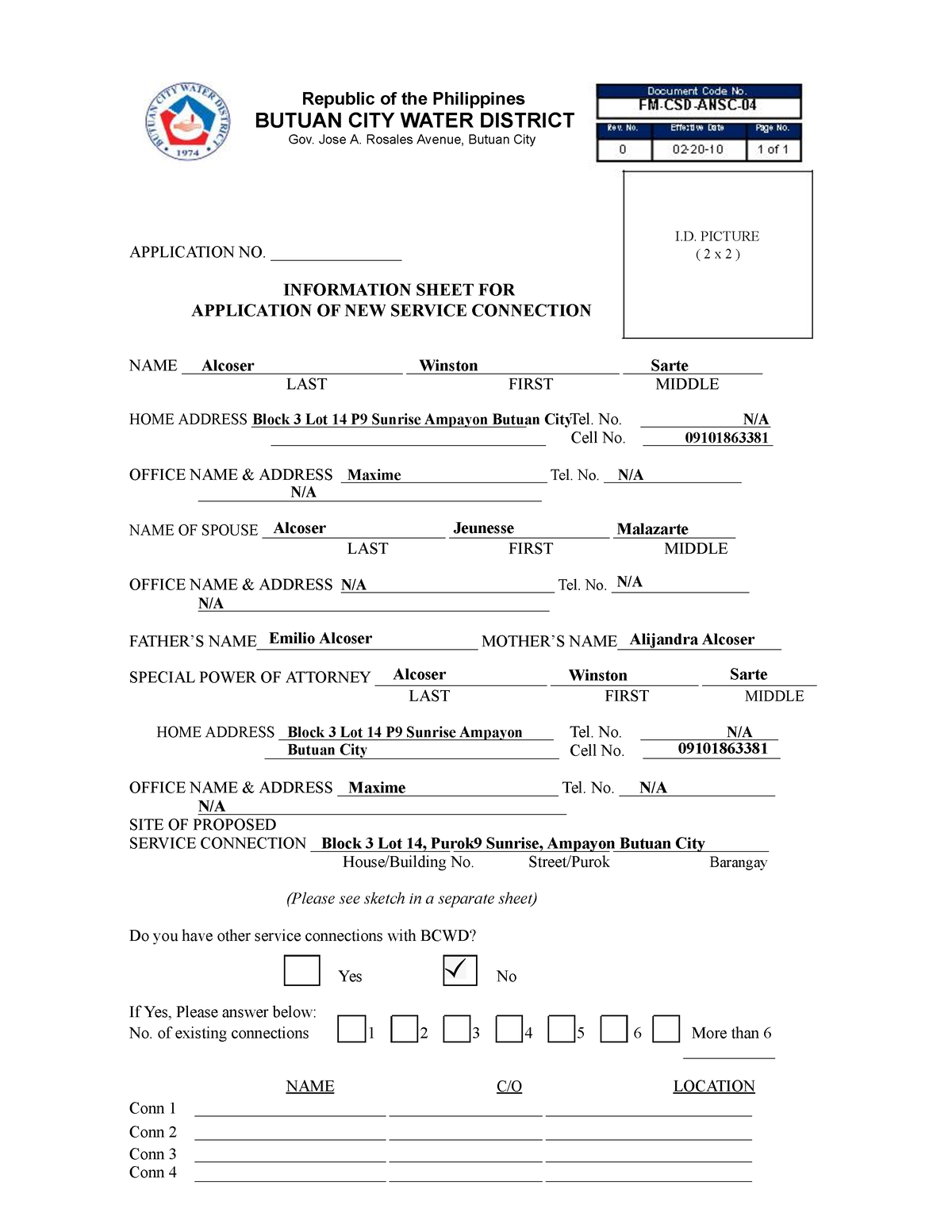 BCWD NSC Information Sheet - Republic of the Philippines BUTUAN CITY ...