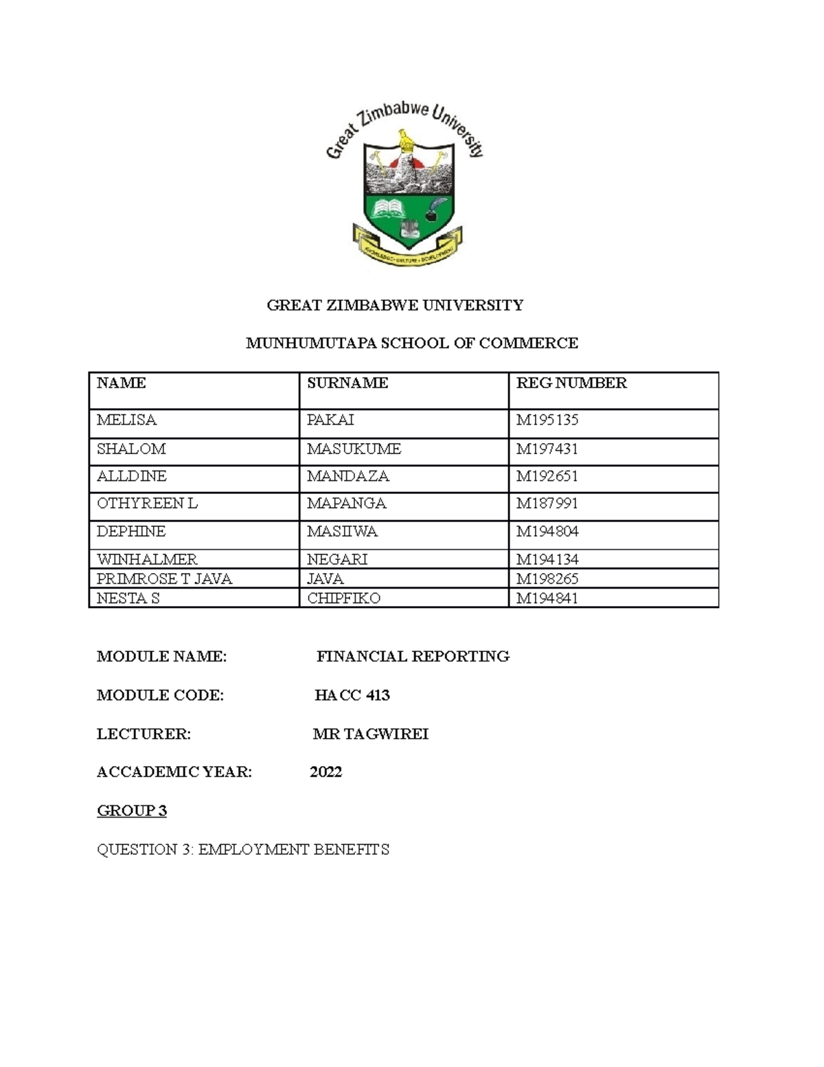 Group 3 - Employment Benefits - GREAT ZIMBABWE UNIVERSITY MUNHUMUTAPA