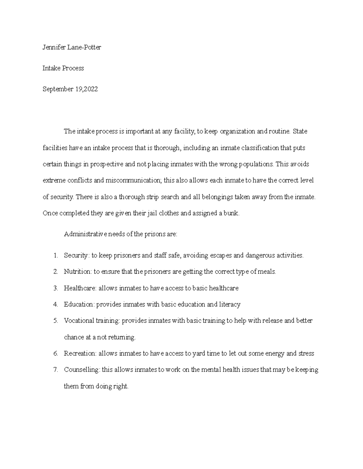 Intake Process - assignment entry - Jennifer Lane-Potter Intake Process ...