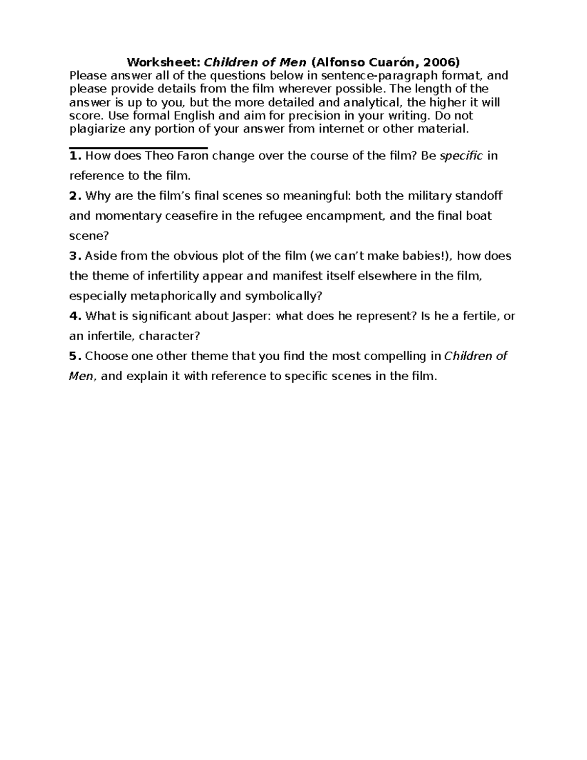 BXE Children of Men Worksheet - Worksheet: Children of Men (Alfonso ...