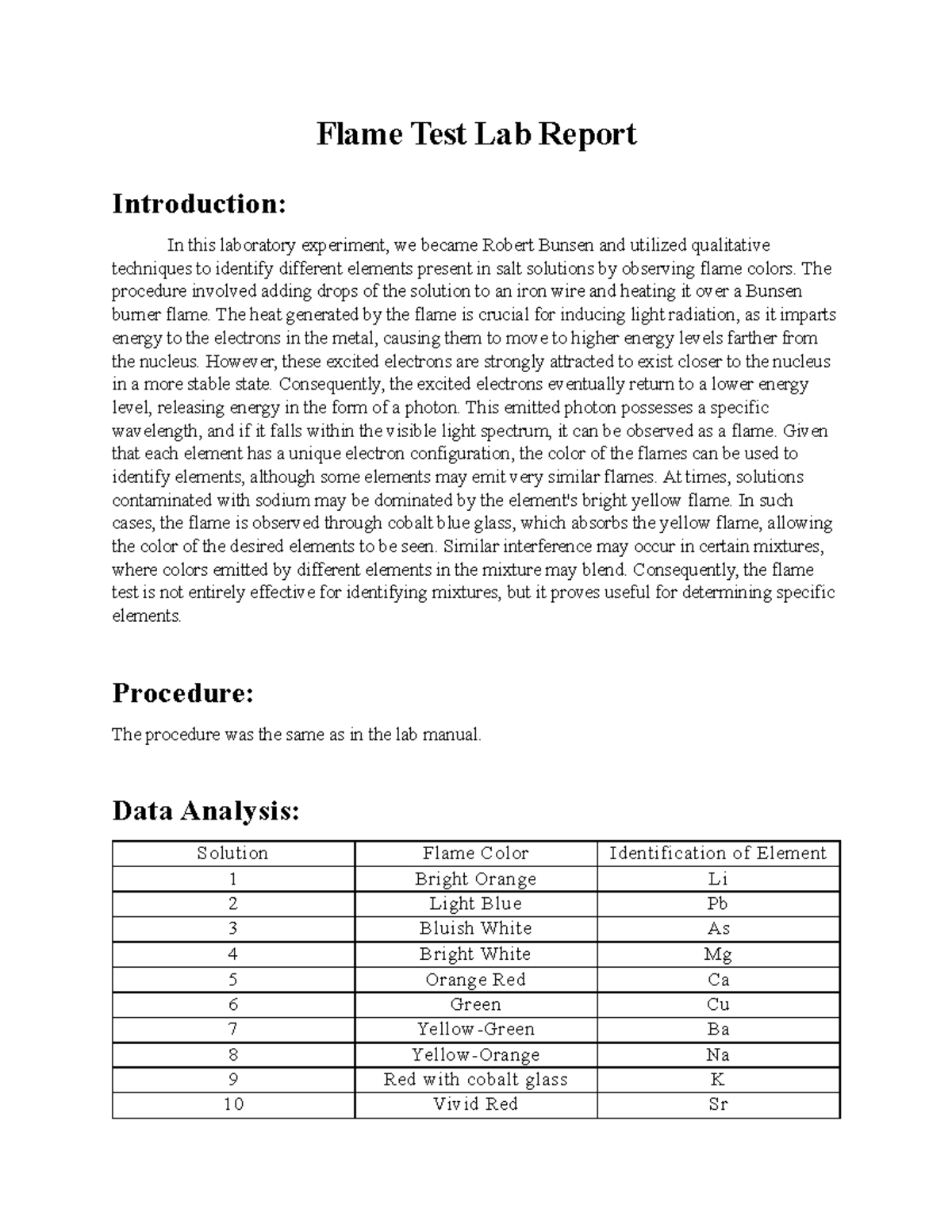 Flame Test Lab Report Prof. McLoud Flame Test Lab Report