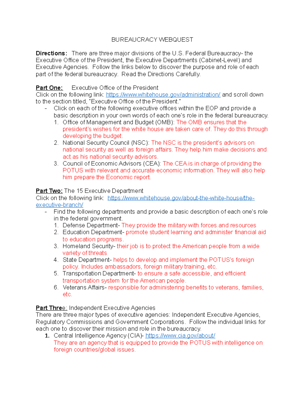 Bureaucracy Web Quest AP Gov BUREAUCRACY WEBQUEST Directions There 