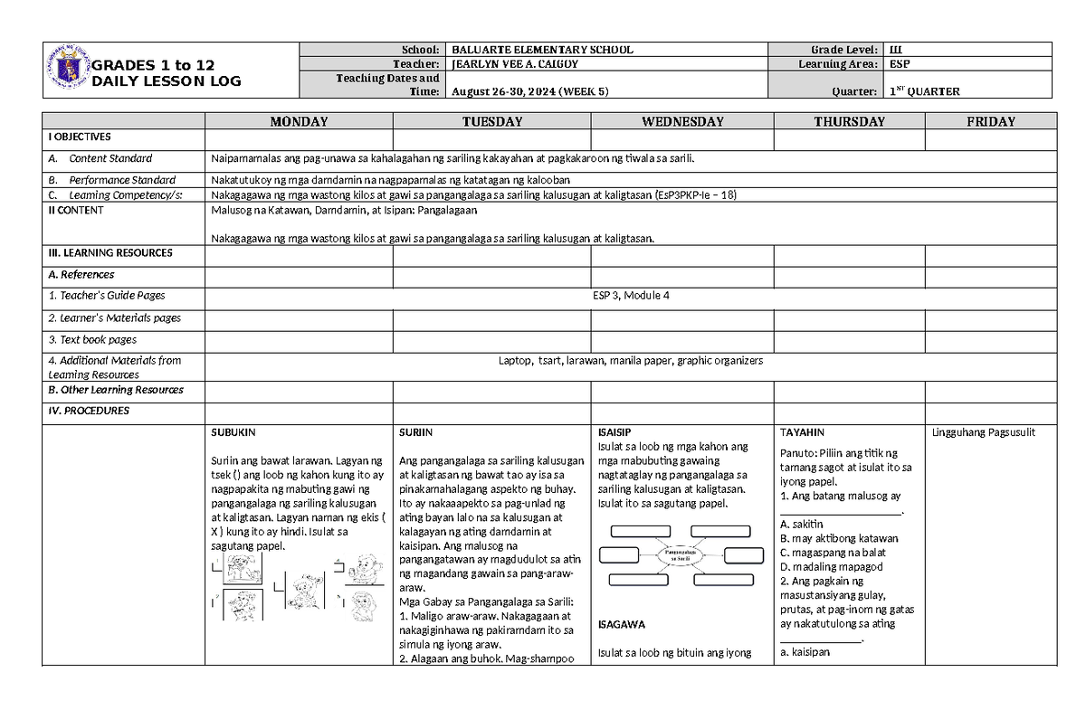 DLL ESP 3 Q1 W5 - DLL - GRADES 1 to 12 DAILY LESSON LOG School ...