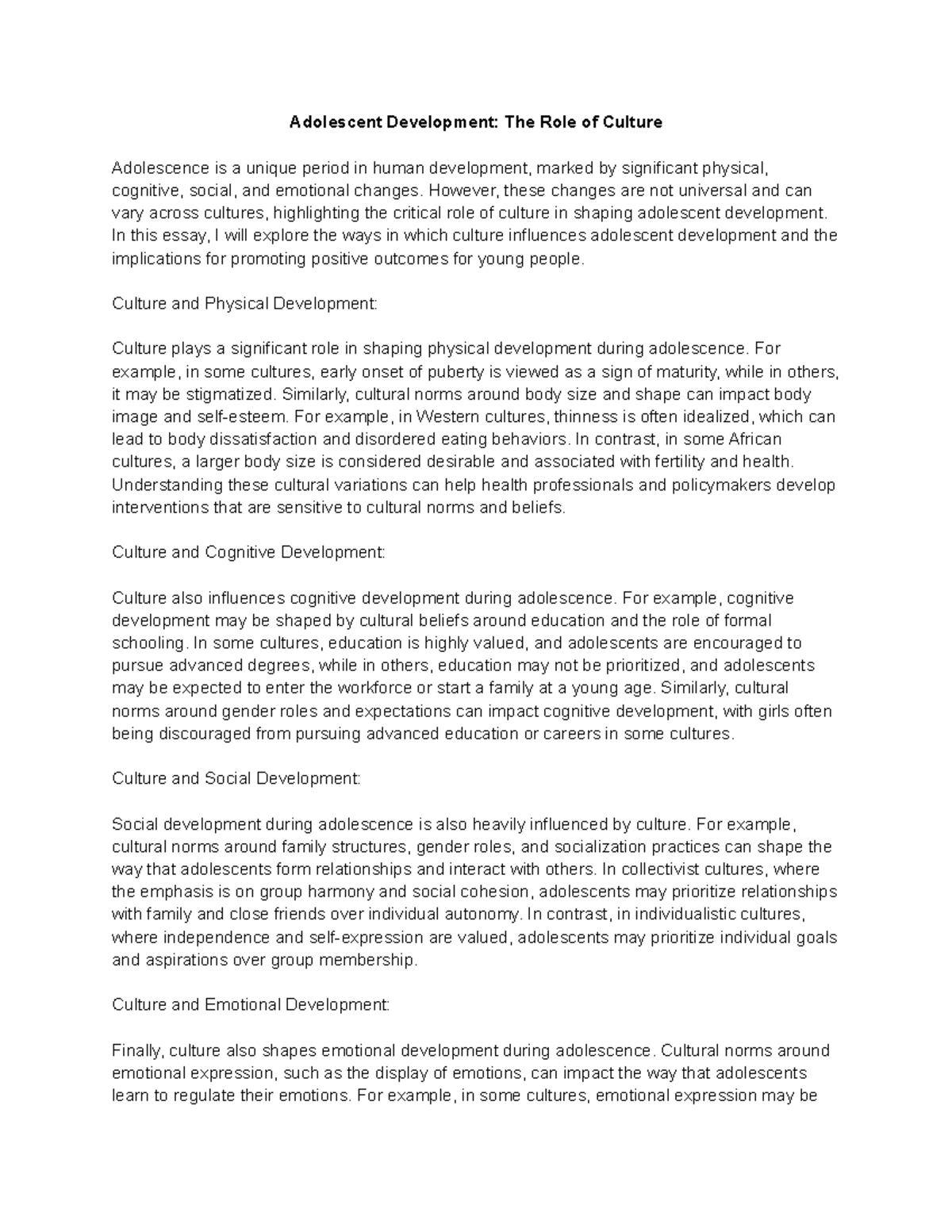 Adolescent Development Essay 2 Adolescent Development The Role