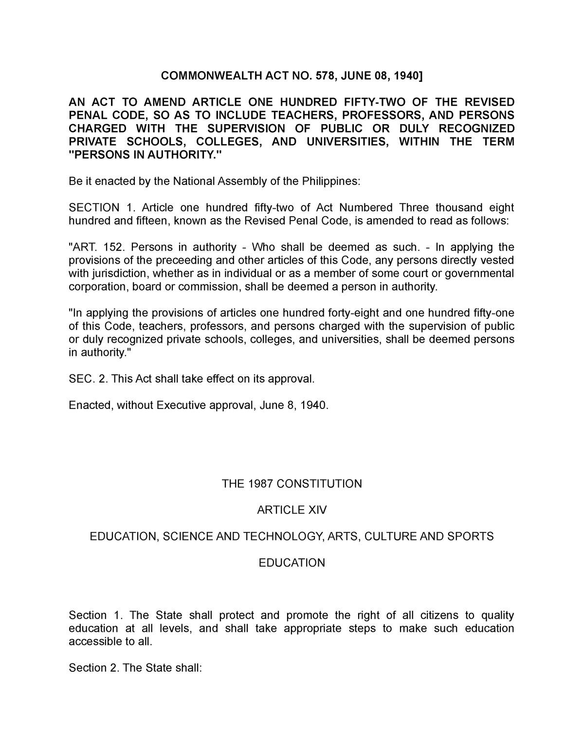 Commonwealth ACWPS Office COMMONWEALTH ACT NO. 578, JUNE 08, 1940