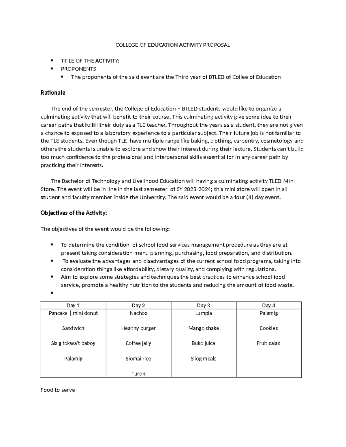 College OF Education Activity Proposal - COLLEGE OF EDUCATION ACTIVITY ...