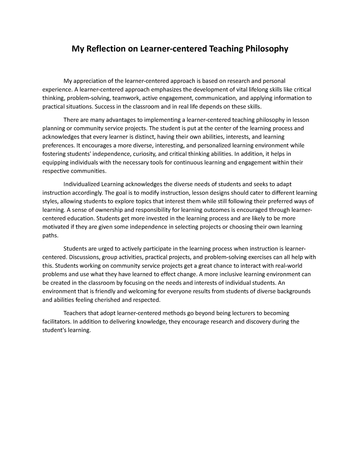 sample learner centered teaching philosophy essay