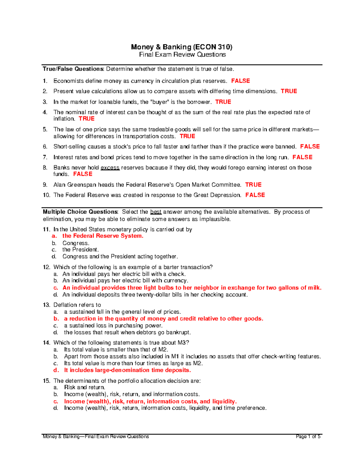 Final ExamPractice Answered Money & Banking (ECON 310) Final Exam