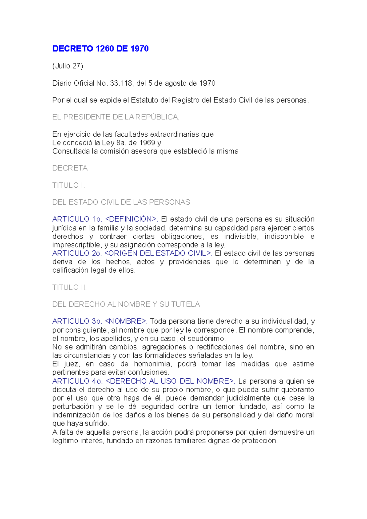 Decreto 1260 De 1970 Decreto 1260 De 1970 Julio 27 Diario Oficial