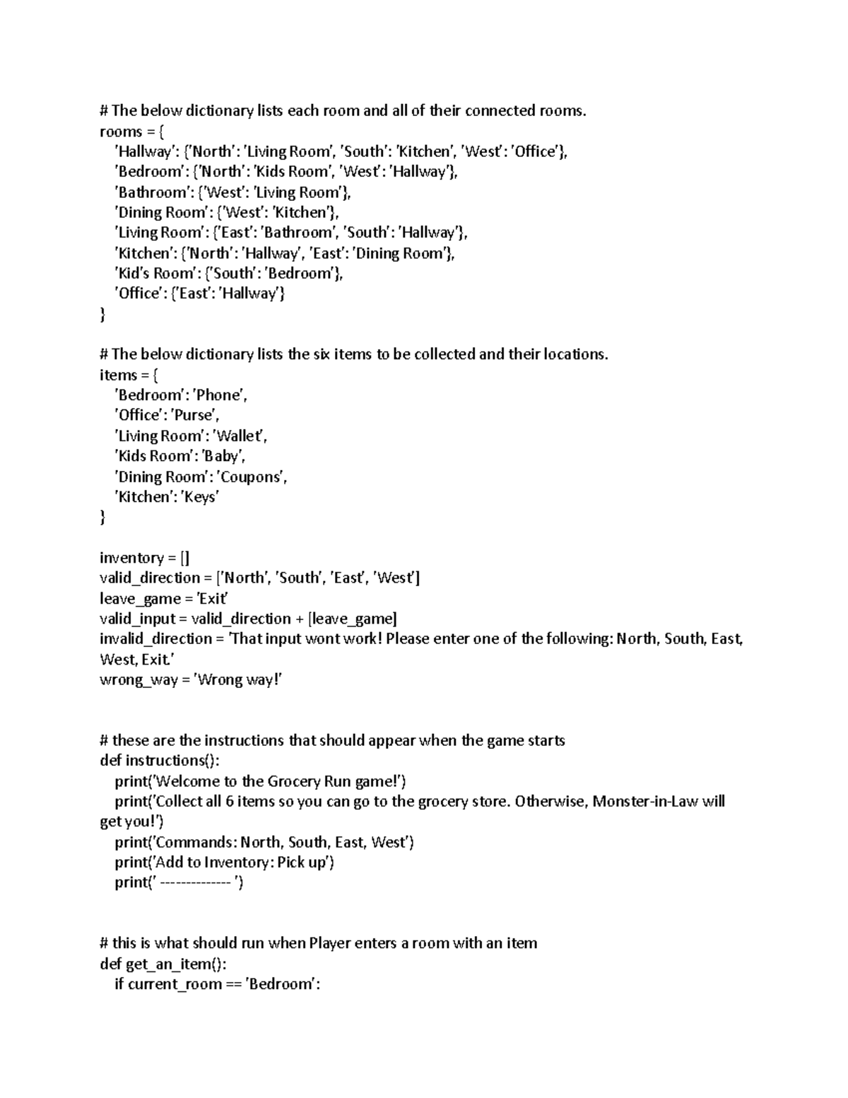 Text Based Game - The below dictionary lists each room and all of their ...