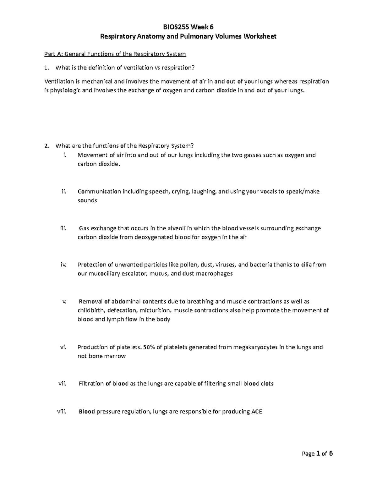 BIOS255 Respiratory Anatomy Worksheet - Part A: General Functions of ...