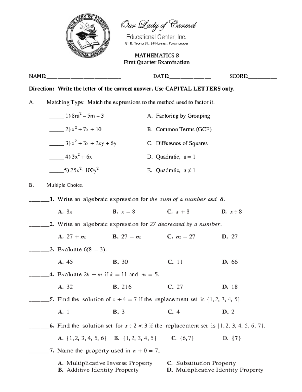 1st-quarter-exam-math-8-pr 5238760 a50b448dfc56eb5fd570a1d74 - - Studocu