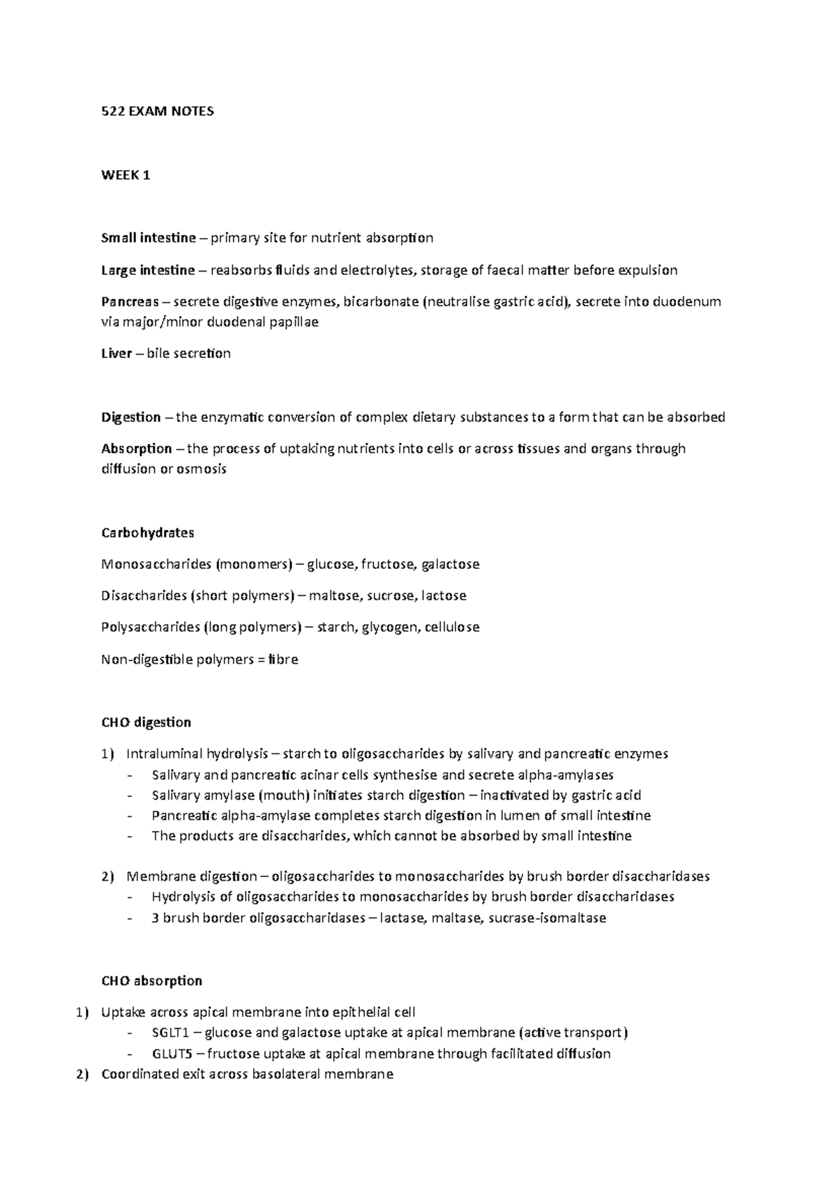 522 EXAM Notes - 522 EXAM NOTES WEEK 1 Small intestine – primary site ...