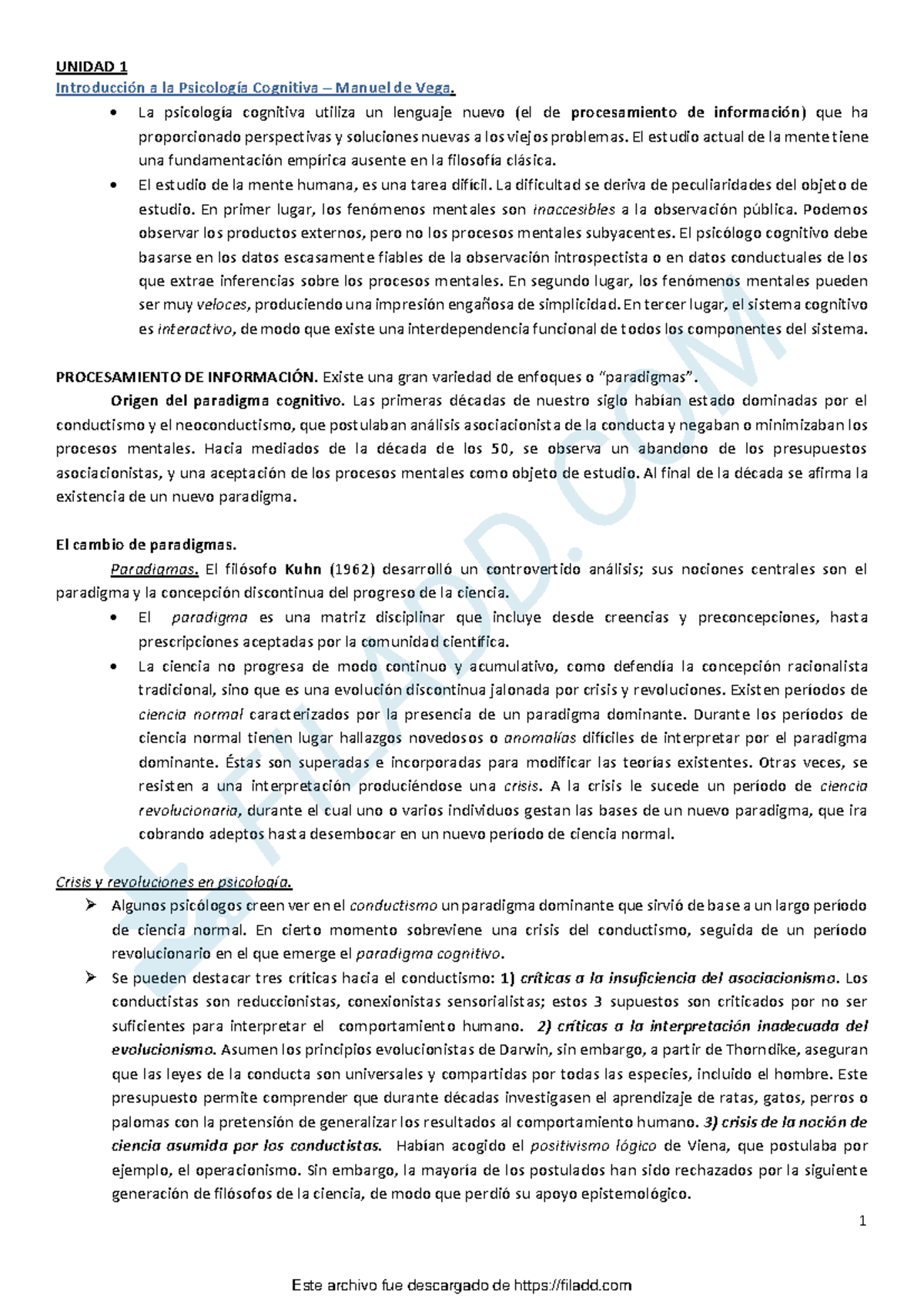 Resumen 1 Parcial Cognitiva 1 - 1 UNIDAD 1 Introducción a la Psicología ...