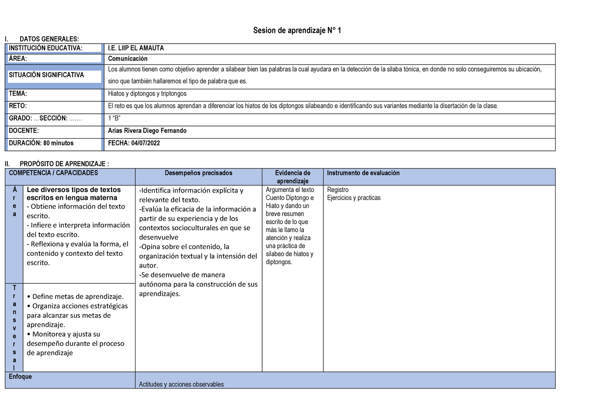 Sesión De Aprendizaje 2 - Sesion De Aprendizaje N∞ 1 I. DATOS GENERALES ...