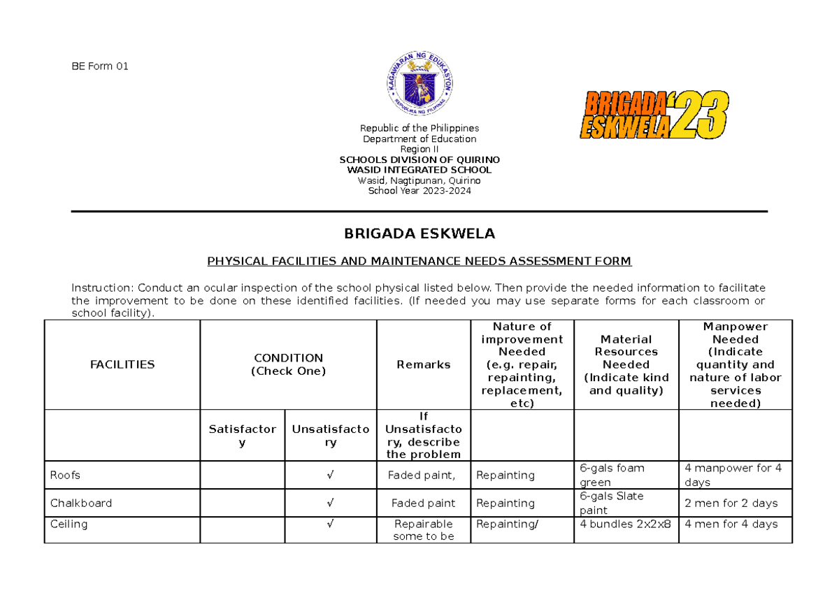 BE 1 Physical Facilities Assessment FORM - BE Form 01 Republic of the ...