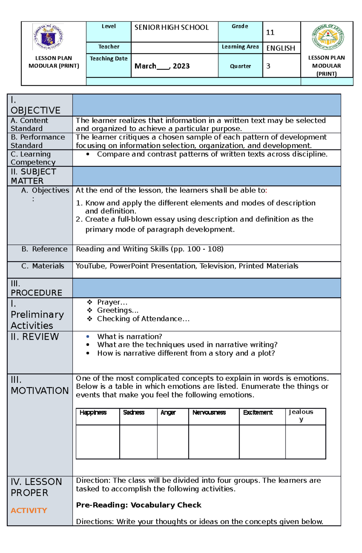 DLP RAW WEEK 3 (2023) READING AND WRITING LESSON PLAN MODULAR
