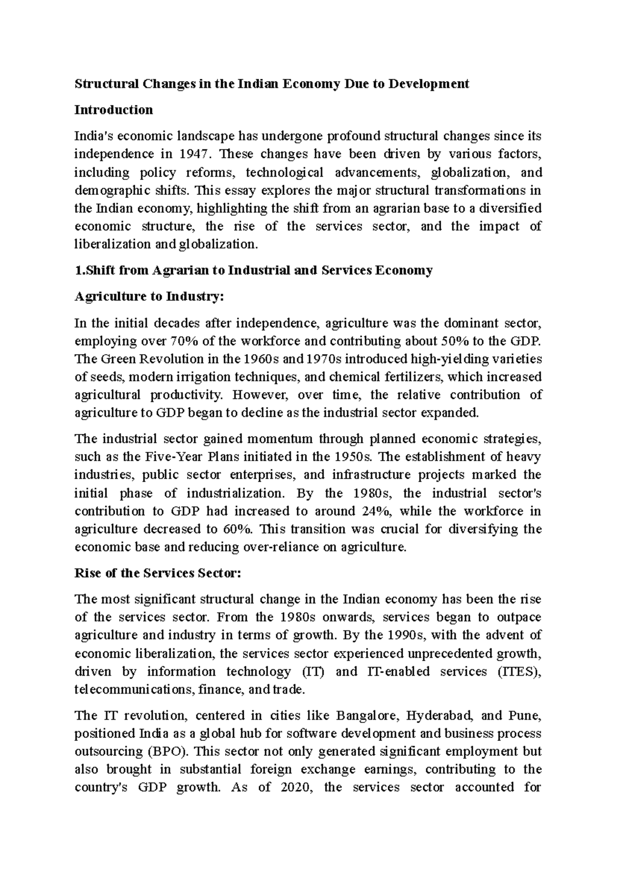 Structural Changes in the Indian Economy Due to Development ...