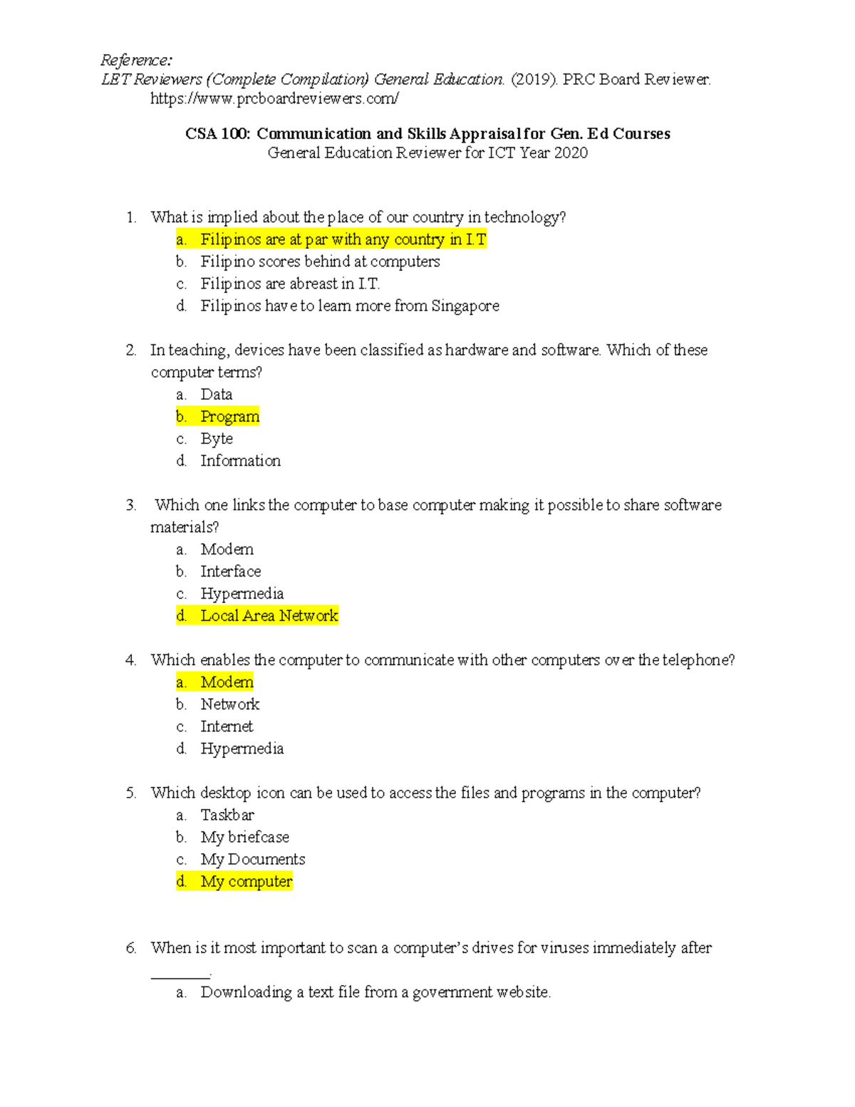 Review Questionnaire ICT 2020- with answer - LET Reviewers (Complete ...