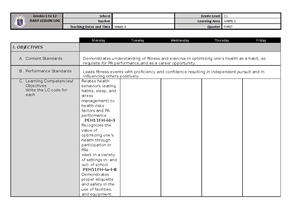 Week 4 - Copy - n/a - Grades 1 to 12 DAILY LESSON LOG School Grade ...